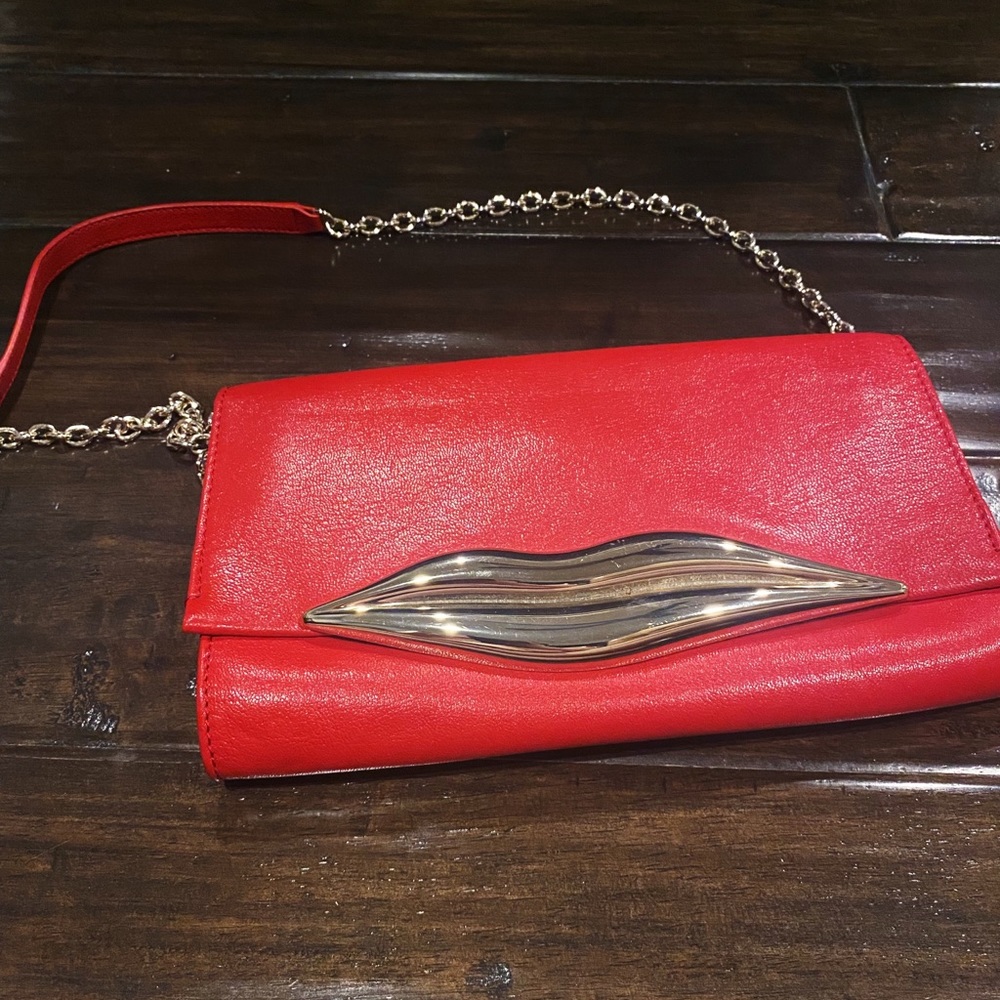 DVF Lips Red Leather Clutch with Detachable Strap